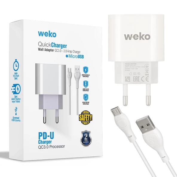 WEKO WK-21441 PDU QC 3.0 AMPER ŞARJ BAŞLIK ADAPTÖRÜ + MICRO USB KABLO (NO:1)