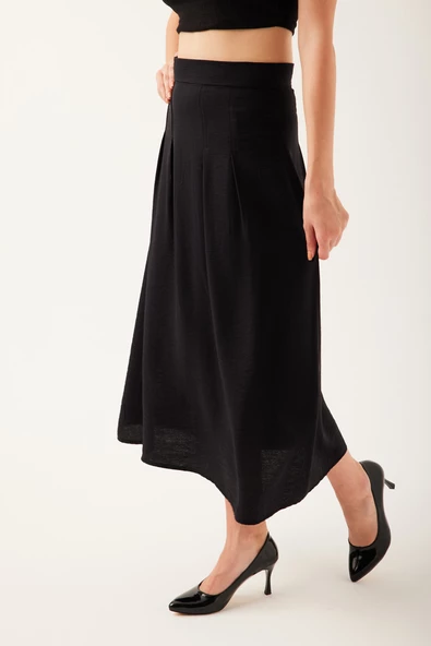 Kendinden Kemerli Pileli Midi Etek - 3