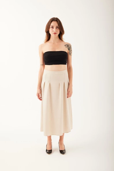 Kendinden Kemerli Pileli Midi Etek - 6