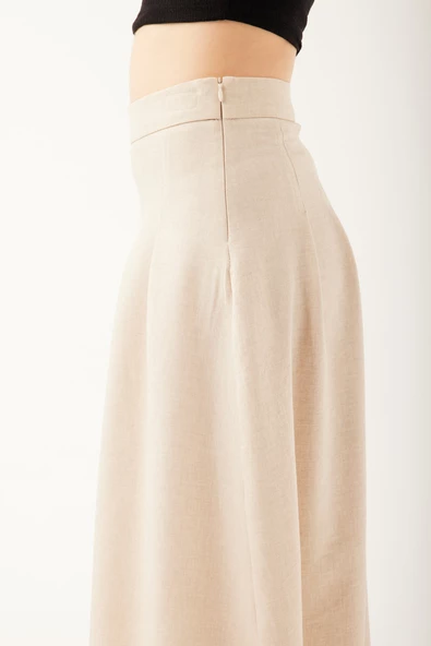 Kendinden Kemerli Pileli Midi Etek - 11