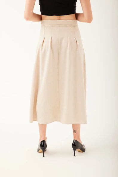 Kendinden Kemerli Pileli Midi Etek - 9