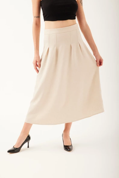 Kendinden Kemerli Pileli Midi Etek - 8