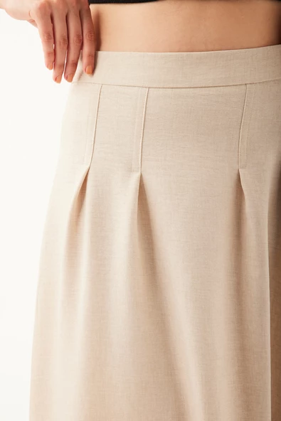 Kendinden Kemerli Pileli Midi Etek - 12