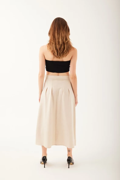 Kendinden Kemerli Pileli Midi Etek - 7
