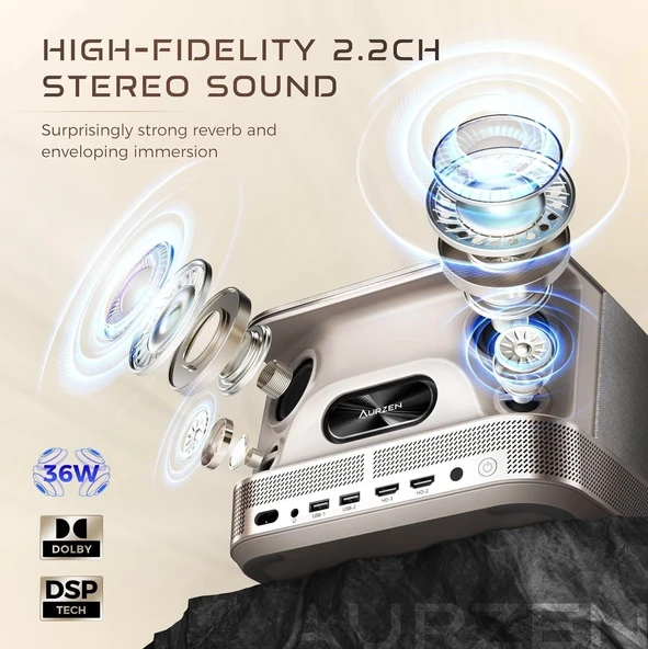 Aurzen Boom 3 WiFi ve Bluetooth - 3D DoIby, 36W Hoparlör 500 ANSI 4K Destekli, Altın - 2