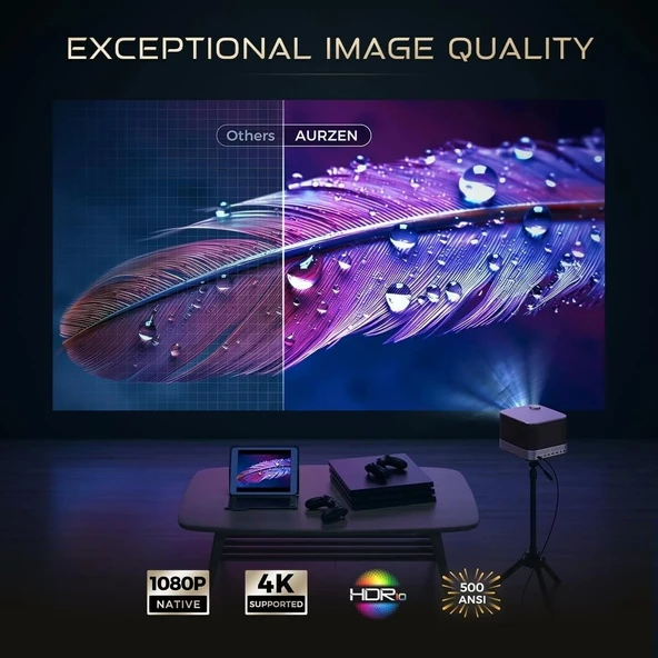 Aurzen Boom 3 WiFi ve Bluetooth - 3D DoIby, 36W Hoparlör 500 ANSI 4K Destekli, Siyah - 4