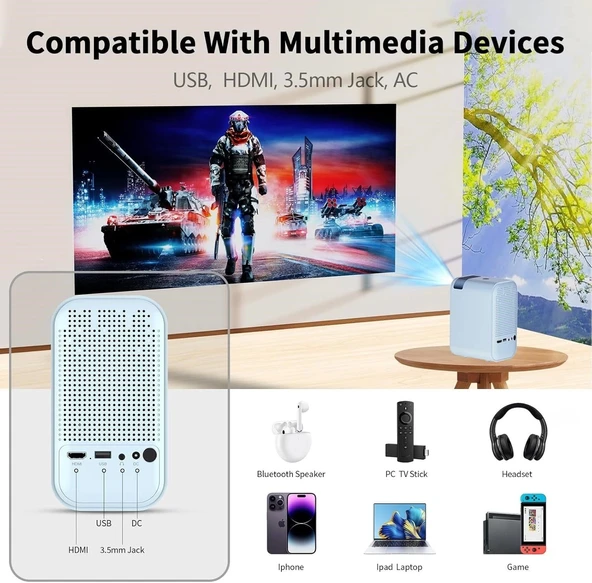Vasoun 5G WiFi ve Bluetooth'lu Mini Projektör, Projektör Standlı 1080P Destekli - Mavi - 2