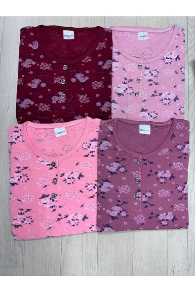 Çiçek desenli pijama takımı kısa kol koyu pembe-L beden - 3