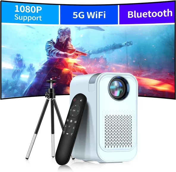 Vasoun 5G WiFi ve Bluetooth'lu Mini Projektör, Projektör Standlı 1080P Destekli - Mavi