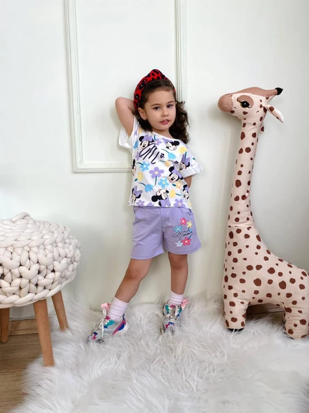 Minnie Mouse Çiçek Desenli Şortlu Kız Çocuk Takım Lila - 1