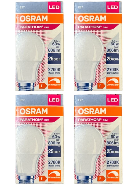 Osram Parathom 8.8W (60W) 2700K (Sarı Işık) E27 Duylu Dim Edilebilir Led Ampul (4 Adet)