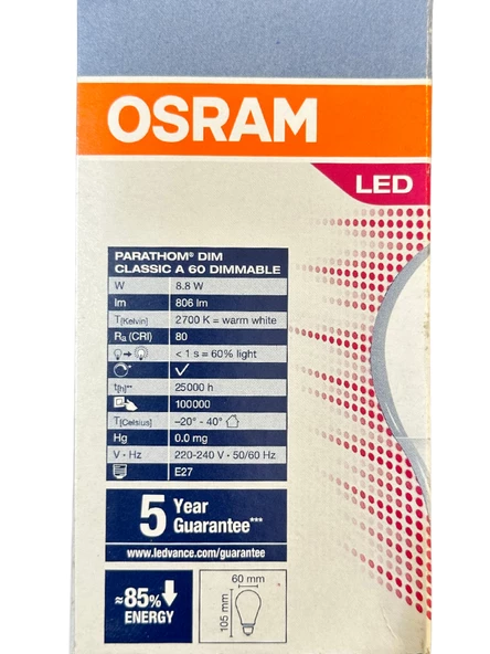 Osram Parathom 8.8W (60W) 2700K (Sarı Işık) E27 Duylu Dim Edilebilir Led Ampul (2 Adet) - Resim 4