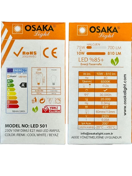 Osaka 10W (75W) 6500K (Beyaz Işık) E27 Duylu Dim Edilebilir Led Ampul (4 Adet) - Resim 4