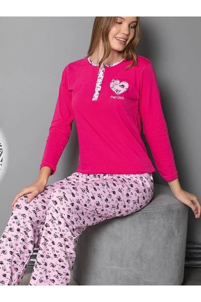 Den Tasarım Hadiyelik - Pangirls desen pembe penye pijama takımı- L Beden
