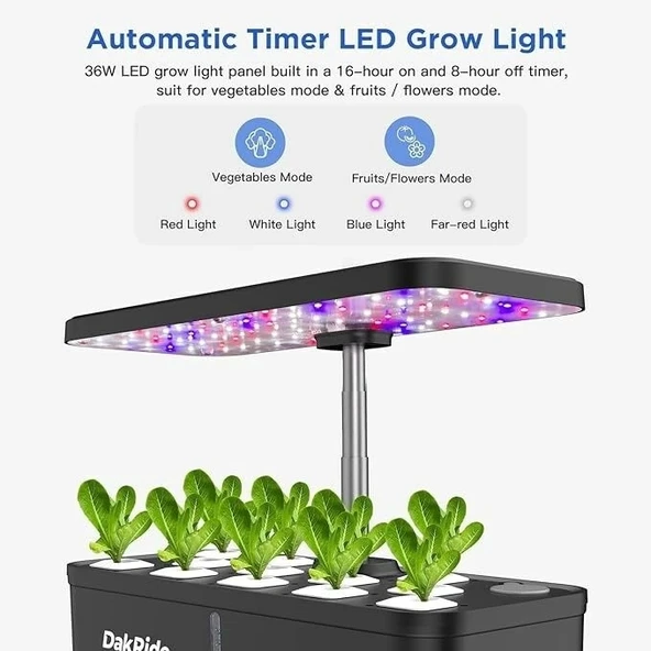 DakRide Hidroponik Yetiştirme Sistemi 12 Bakla, 36W Tam Spektrum LED Yetiştirme Işığı - 4