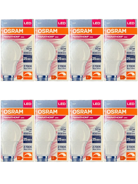 Osram Parathom 8.8W (60W) 2700K (Sarı Işık) E27 Duylu Dim Edilebilir Led Ampul (8 Adet)