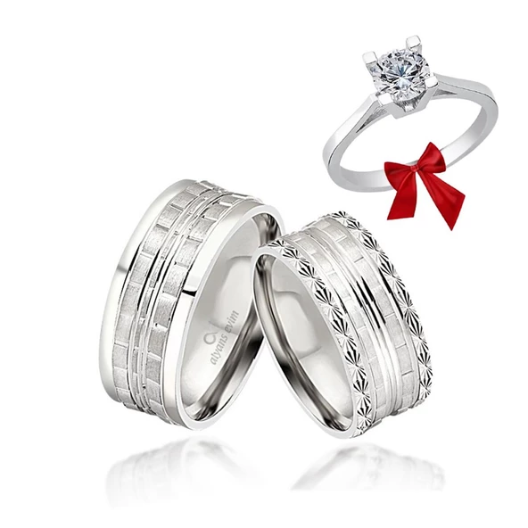 Çizgili Desenli Çift Gümüş Alyans Yüzük