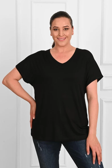 Kadın V Yaka Büyük Beden T-shirt 1486-23 - 4
