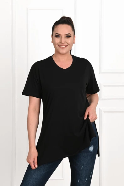 Kadın V Yaka Yırtmaçlı Büyük Beden T-shirt 1199-22 - 12