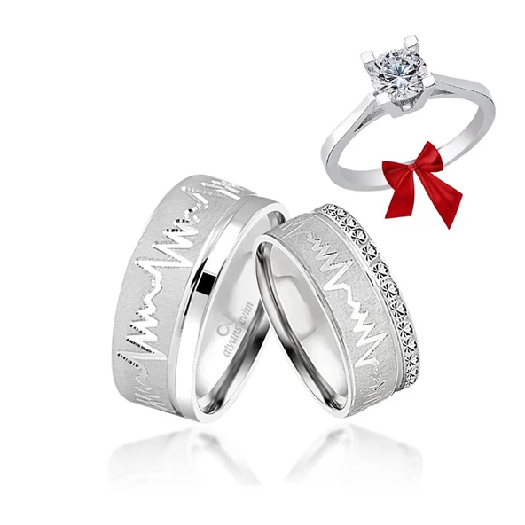 Kalp Ritim Desenli Çift Gümüş Alyans Yüzük