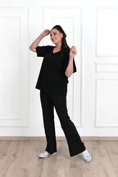 Kadın V Yaka Basic Büyük Beden T-Shirt 1297-22 - 9