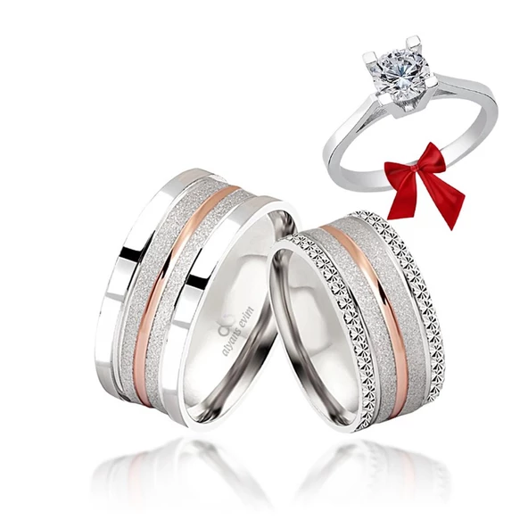 Rose Çizgili Çift Gümüş Alyans Yüzük