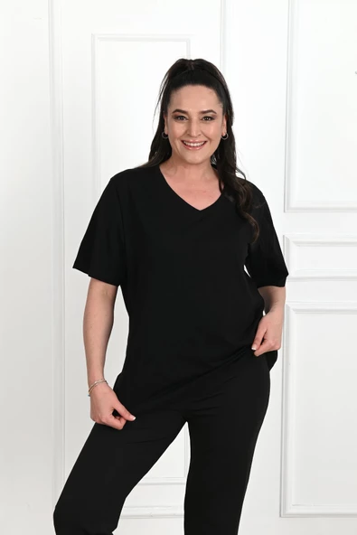 Kadın V Yaka Basic Büyük Beden T-Shirt 1297-22 - 11