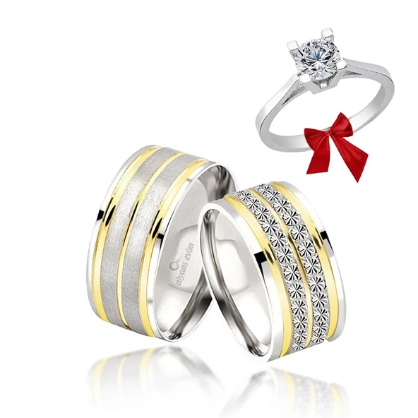 Altın Kaplama Çizgili Çift Gümüş Alyans Yüzük - 2