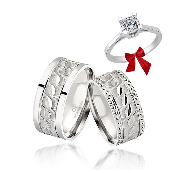 Kuş Gözü Desenli Çift Gümüş Alyans Yüzük