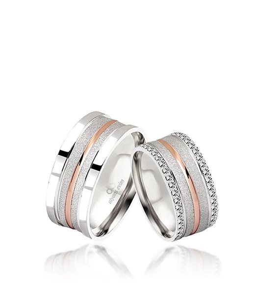 Rose Çizgili Çift Gümüş Alyans Yüzük - 2