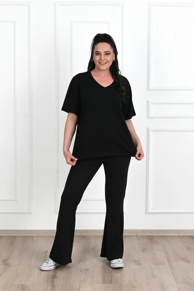 Kadın V Yaka Basic Büyük Beden T-Shirt 1297-22 - 8