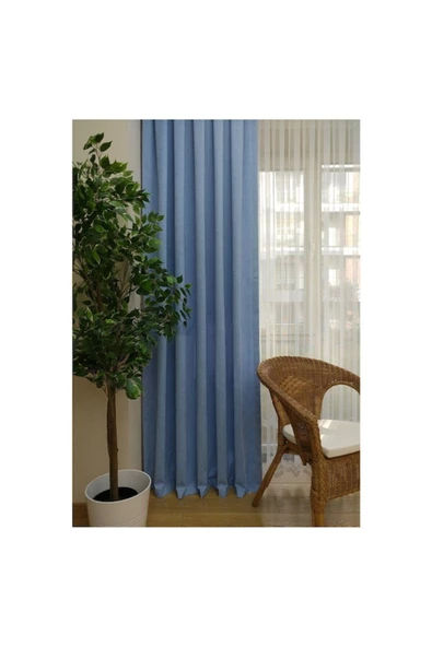 Mavi Ada Fon Perde Pilesiz Extraforlu Düz Dikim Büzgü Pile - Resim 3