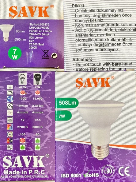 Şavk 7W 3000K (Sarı Işık) Par20 E27 Duylu Led Spot Ampul - 3