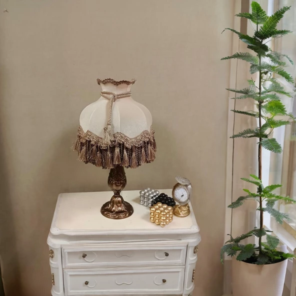 Klasik Abajur Bronz Ayak Vizon Başlık 51CM.