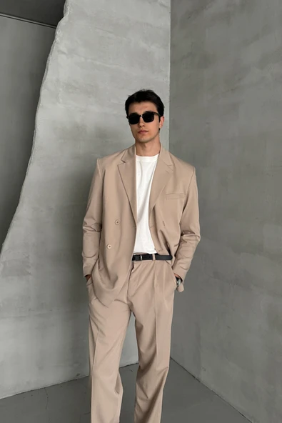 Erkek Oversize Rahat Kalıp Kruvaze Takım Elbise - 8