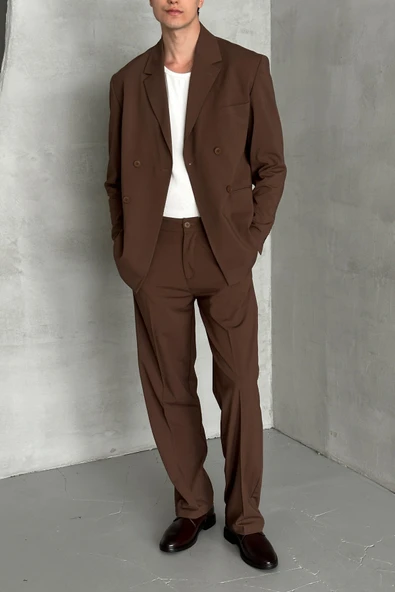 Erkek Oversize Rahat Kalıp Kruvaze Takım Elbise - 4