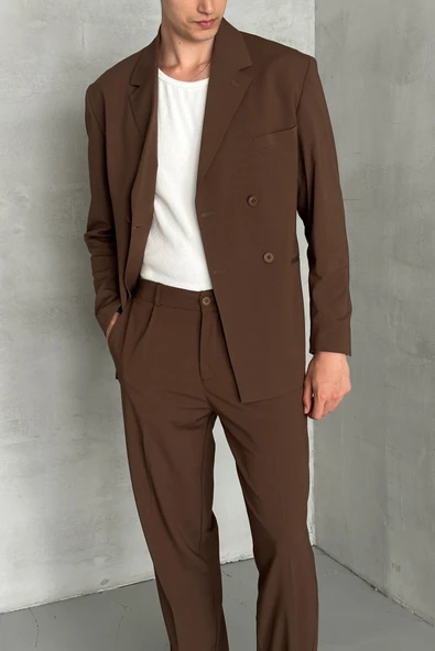 Erkek Oversize Rahat Kalıp Kruvaze Takım Elbise - 3