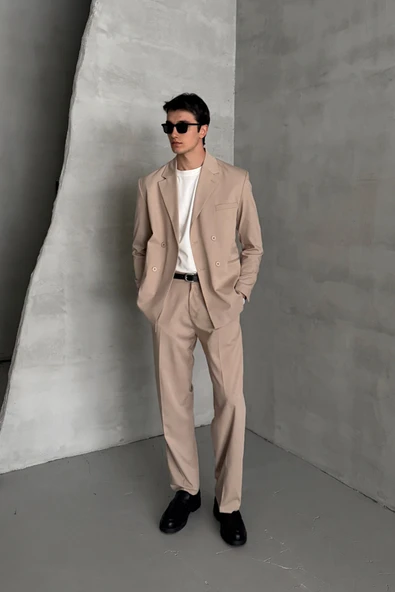 Erkek Oversize Rahat Kalıp Kruvaze Takım Elbise - 6