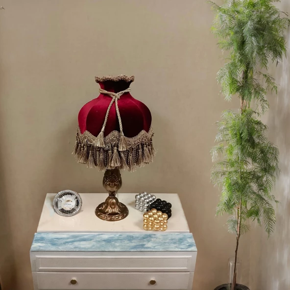Klasik Abajur BRONZ Ayak BORDO Başlık 51CM.