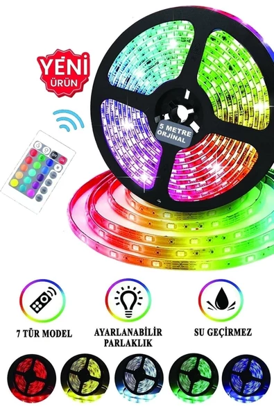 Led 5 Mt Renkli Kumandalı Adaptörlü Çift Taraflı Bant Tak Çalıştır Rgb 20 Fonksyonlu Şerit