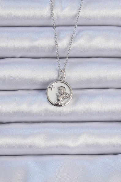 316L Çelik Zincir Gümüş Renk Zirkon Taşlı Mineli Melek Kolye - EBJ240912W27844 ürün görseli