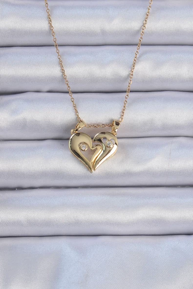 316L Çelik Zincir Altın Renk Zirkon Taşlı Mıknatıslı Kalp Kolye - EBJ240912W27839 ürün görseli