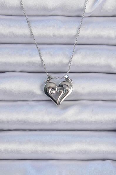 316L Çelik Zincir Gümüş Renk Zirkon Taşlı Mıknatıslı Kalp Kolye - EBJ240912W27840 ürün görseli