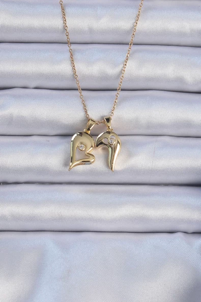 316L Çelik Zincir Altın Renk Zirkon Taşlı Mıknatıslı Kalp Kolye - EBJ240912W27839 - Resim 3