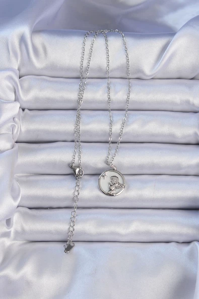 316L Çelik Zincir Gümüş Renk Zirkon Taşlı Mineli Melek Kolye - EBJ240912W27844 - Resim 2