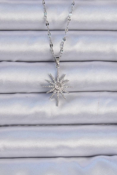 316L Çelik Zincir Gümüş Renk Zirkon Taşlı Kutup Yıldızı Kolye - EBJ240912W27822 ürün görseli