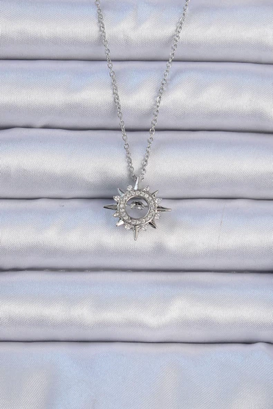 316L Çelik Zincir Gümüş Renk Zirkon Taşlı Parlayan Yıldız Kolye - EBJ240912W27842 ürün görseli