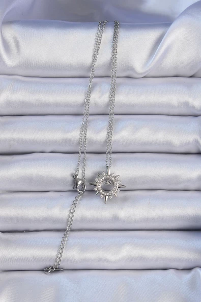 316L Çelik Zincir Gümüş Renk Zirkon Taşlı Parlayan Yıldız Kolye - EBJ240912W27842 - Resim 2