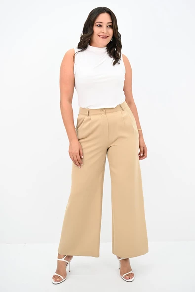 Kadın Pileli Yüksek Bel Bol Paça Pantolon 6299-25 - 8