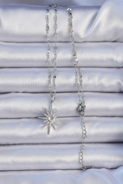 316L Çelik Zincir Gümüş Renk Zirkon Taşlı Kutup Yıldızı Kolye - EBJ240912W27822 - Resim 2